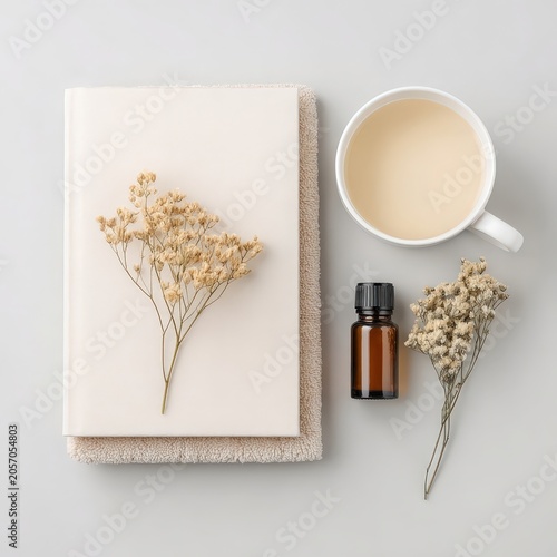 A minimalist flat lay with a towel, a closed book adorned with dried flowers, a small amber bottle, and a cup of creamy beverage on a neutral background.