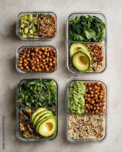 Four glass meal prep containers filled with healthy foods like greens, avocado, chickpeas, grains, and vegetables on a light surface.