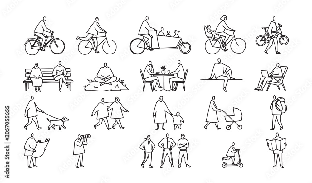 Obraz premium People Outdoor Activities Outline Vector Mega Set Cycling Family Leisure Collection