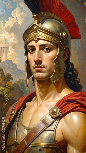A classical portrait of a muscular, helmeted warrior with a stern expression
