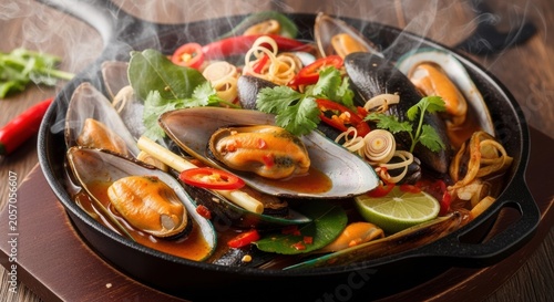 A sizzling skillet of mussels in a spicy Thai herb broth (Hoy Malang Pu Ob), aromatic and briny