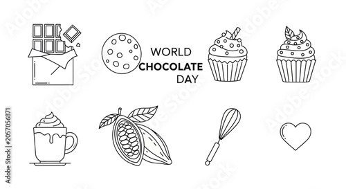 Obraz na plátně World Chocolate Day Icons: Bar, Cookie, Cupcakes, Cocoa Pod, Whisk, Drink, Heart