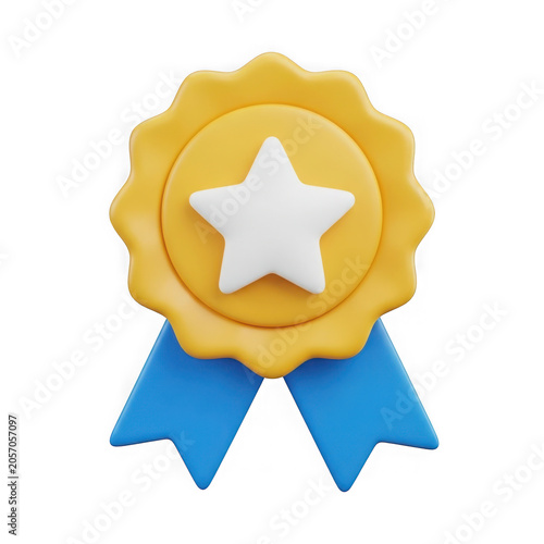 Bright yellow award badge featuring white star and blue ribbon design transparent background