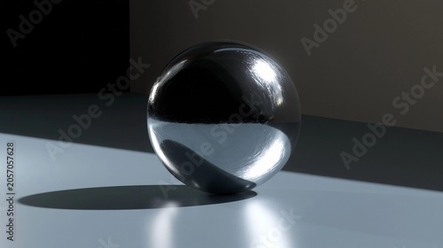 Shiny metallic sphere rests on a reflective surface