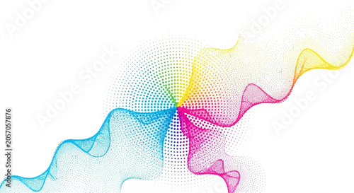 Vibrant CMYK halftone waves radiating from center on white