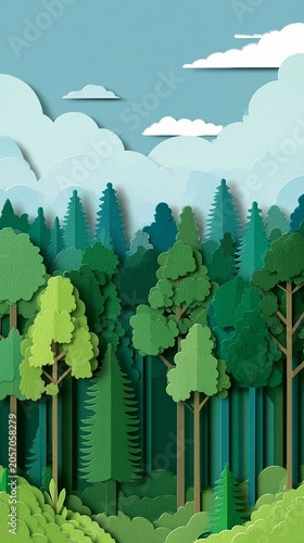 Lush forest with layered green trees and soft blue sky