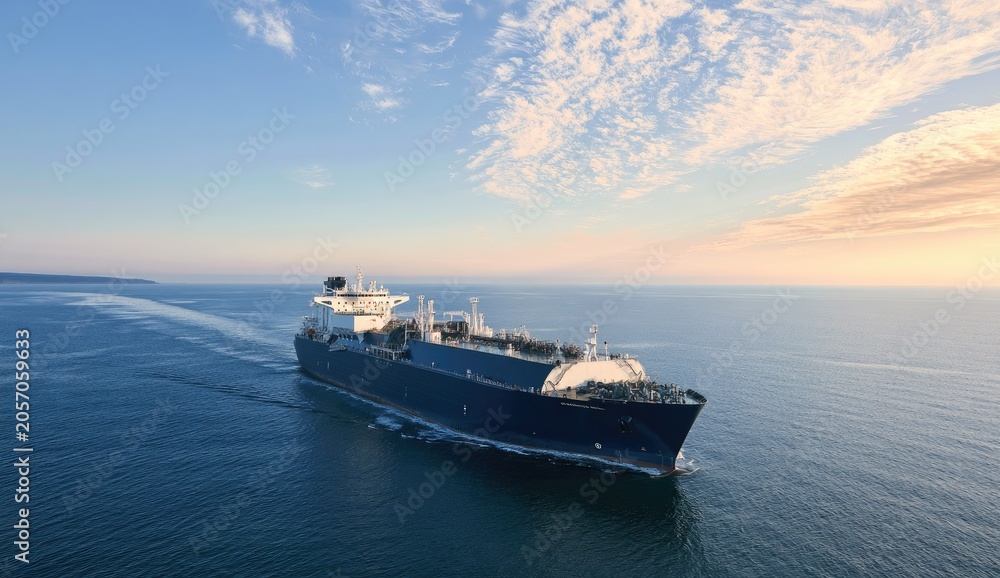 Obraz premium Large cargo vessel navigates calm ocean waters under a bright, partly cloudy sky