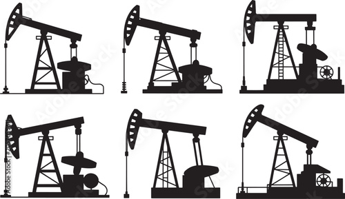 Collection of oil pump jacks illustrating petroleum extraction and energy industry operations.