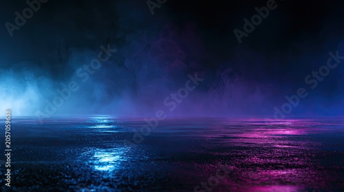 Wet, dark ground reflecting vibrant blue and purple lights through smoky haze