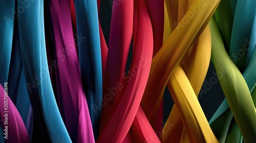 Vivid, flowing strands of color intertwine, creating a vibrant, abstract textile