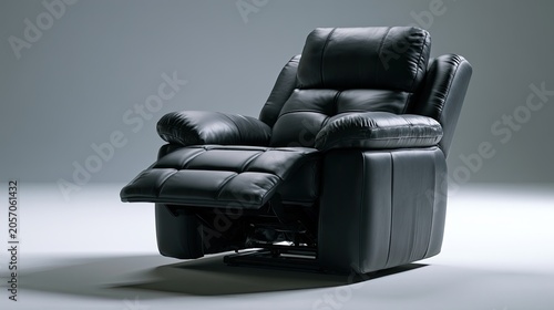 Plush black leather recliner chair with tufted cushioning and extended footrest