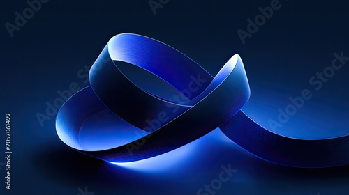 Abstract blue ribbon curves and folds, illuminated with bright blue light