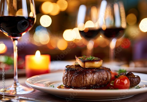 Upscale dining with steak, wine, and candlelight