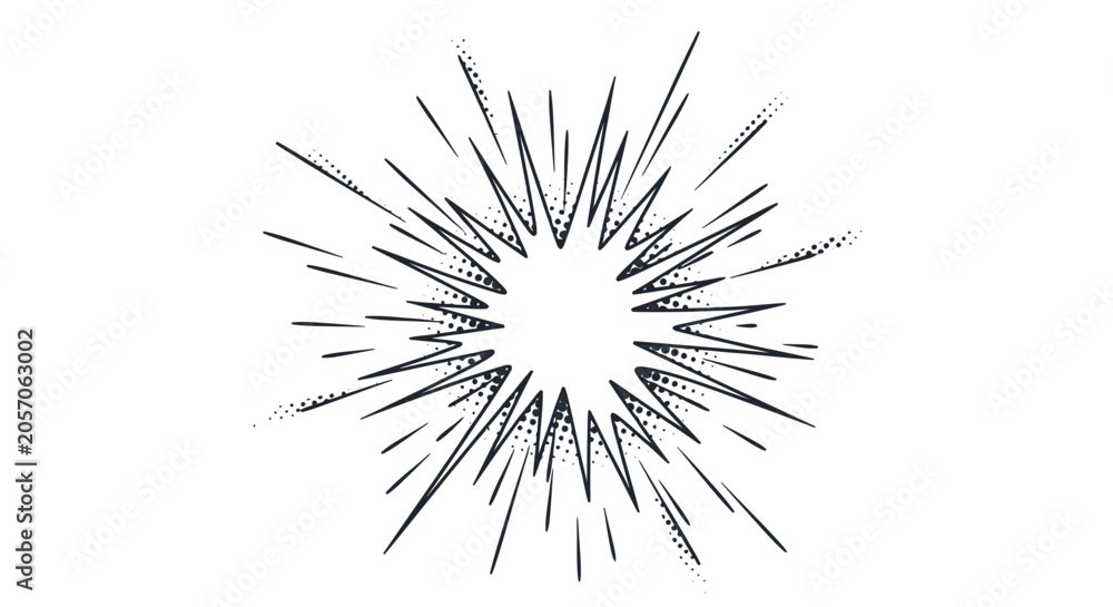 Fototapeta premium Black and white comic book style burst graphic with radiating lines, perfect for speed, impact, explosion, or sudden movement design.