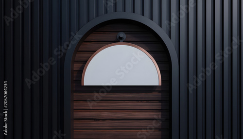 Brown Wooden Arched Door with Black Frame on Dark Corrugated Metal Wall