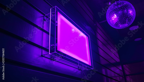 Purple Neon Sign on Wall with Disco Ball