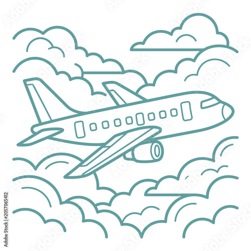 Airplane flying in the sky among clouds, line art illustration
