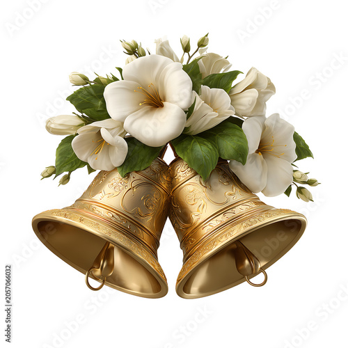 Golden bells decorated with white flowers and green leaves arrangement