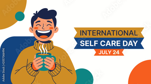Foto Joyful Man Enjoying Coffee on International Self-Care Day