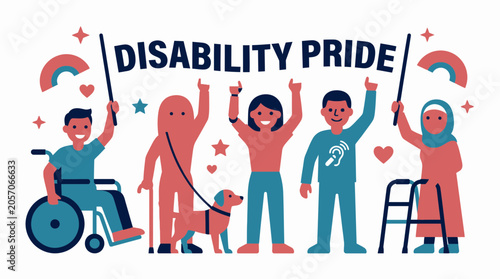 Disability Pride Month Celebration with Diverse Figures and Symbols