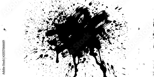 Fotografija A dramatic black ink splatter creates a chaotic yet artistic explosion, with fine droplets and thick streaks diverging from a central mass