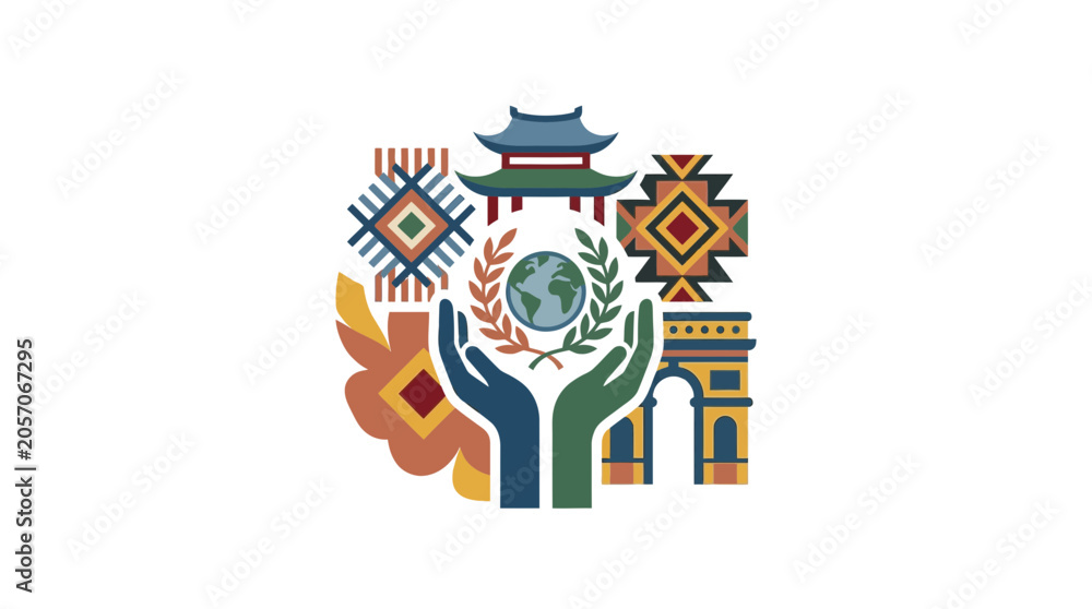 Naklejka premium Global Harmony: Hands Holding Earth Surrounded by Diverse Cultural Symbols