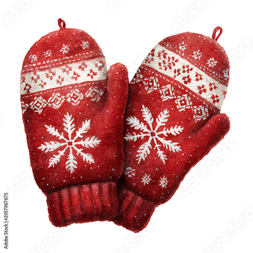 A pair of red knitted mittens with snowflake patterns on display