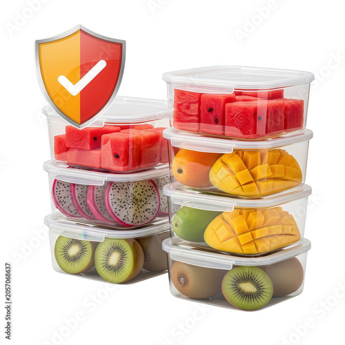 Fresh fruit in clear containers with shield icon, transparent background