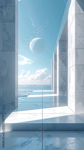 A serene and futuristic scene with a marble archway overlooking ocean