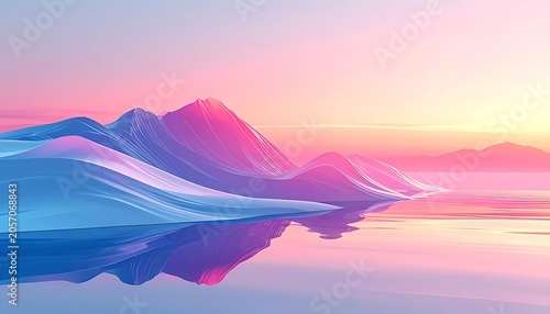 A serene digital landscape with colorful abstract mountains