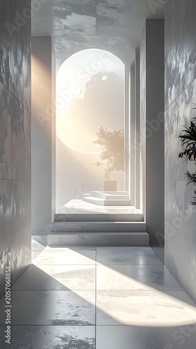A serene corridor with an arched doorway leading to a bright outdoor space