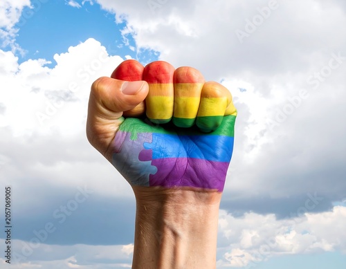 A clenched fist with a rainbow-colored design against a cloudy sky