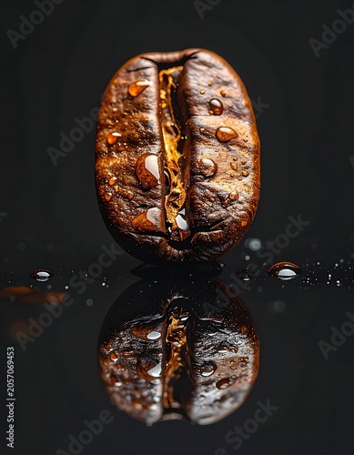 A single roasted coffee bean on a reflective black surface