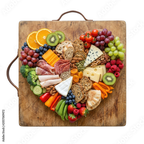 Heart-shaped charcuterie board with fruits, cheeses, and meats on a wooden cutting board with transparent background