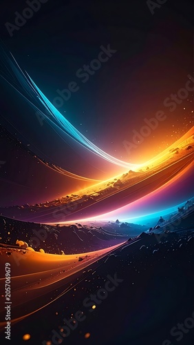 A vibrant abstract artwork with swirling neon curves and lights