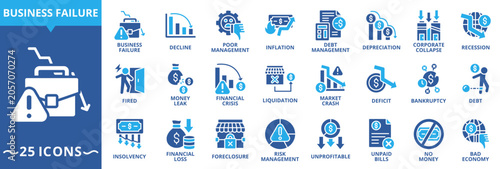 Business failure icon collection set. Containing decline, poor management, inflation, debt, depreciation, recession, fired, bankruptcy icon. Simple glyph warna vector