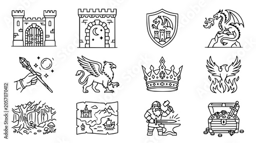 Schilderij op canvas Fantasy Icon Set: Castle, Dragon, Griffin, Crown, Magic Wand, Map, Blacksmith, T