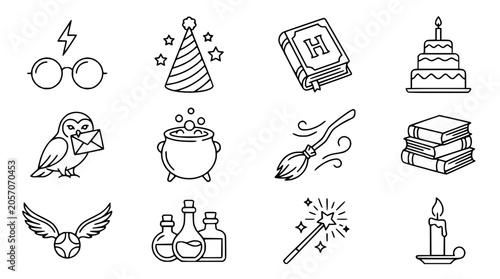 Foto Magic & Wizardry Icons Set: Glasses, Hat, Book, Cake, Owl, Cauldron, Broomstick,