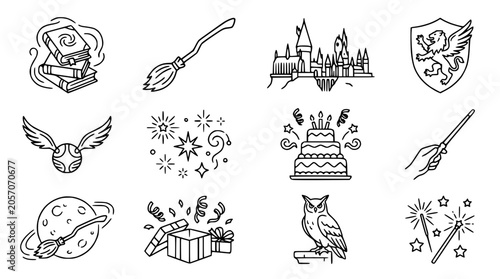 Foto Magical Fantasy Icons: Castle, Broomstick, Wand, Owl, Cake, Books, Shield, Snitc