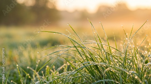 This close up dew covered green grass blade stock image offers a refreshing macro nature texture for backgrounds