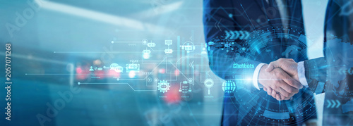 Customer support partners shaking hands for Chatbots implementation. Automated conversational AI agents deliver instant responses, enhance user experience, and streamline business assistance.
