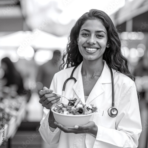 a woman in a white lab coat holding a bowl of food