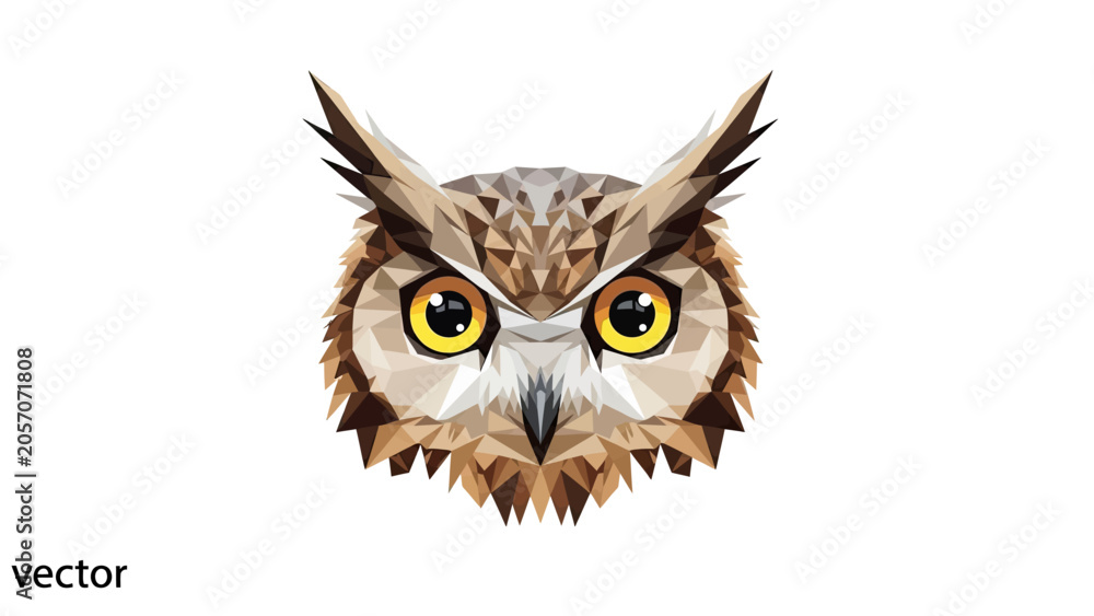 Obraz premium Geometric owl face with intense yellow eyes and pointed ear tufts