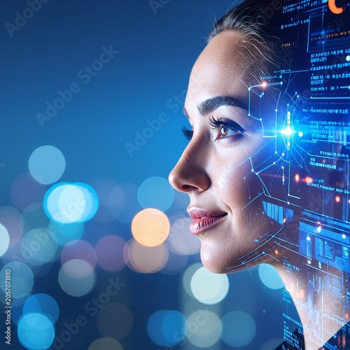 a woman looking at a digital interface