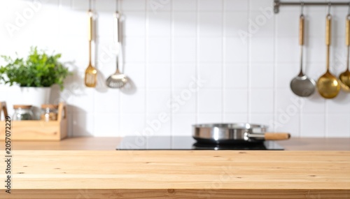 a wooden counter top with pots and pans hanging on the wall