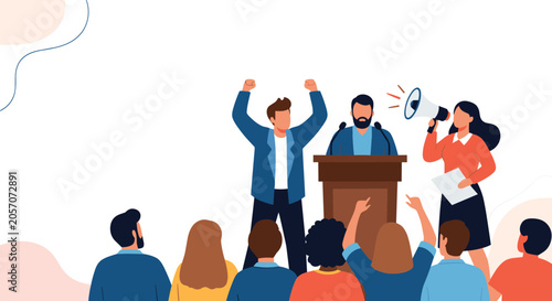 Political candidate speaking at a wooden podium while a cheering crowd and a woman with a megaphone show support.