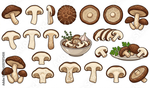 Obraz na plátně Organic Shiitake Mushroom Vector Illustration Collection for Food and Nutrition
