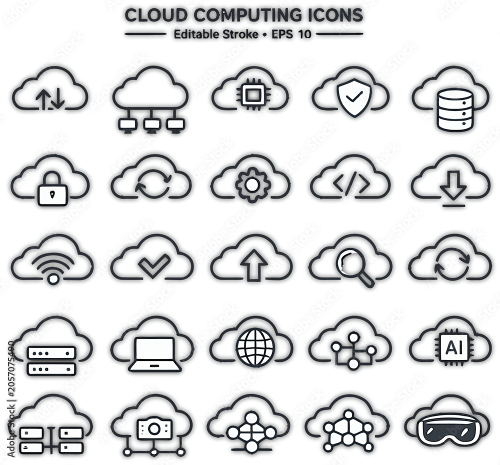 Obraz premium Cloud computing icons, editable stroke EPS 10, cloud technology symbols, data storage illustrations