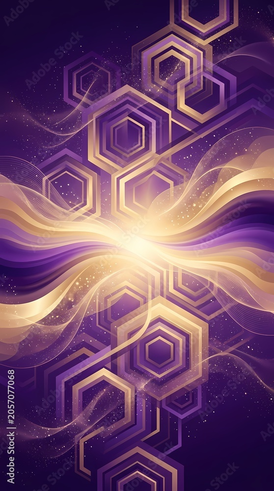 Obraz premium Abstract Geometric Hexagon Flowing Light Purple Gold Sci-Fi Background