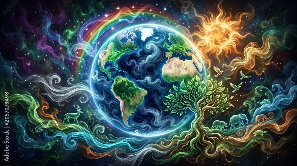 Fototapeta premium Vibrant Earth with swirling elements and animals